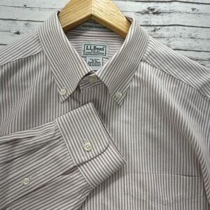 LL Bean Men 16-32 Wrinkle Resistant Oxford Shirt White Red Striped Button-Down